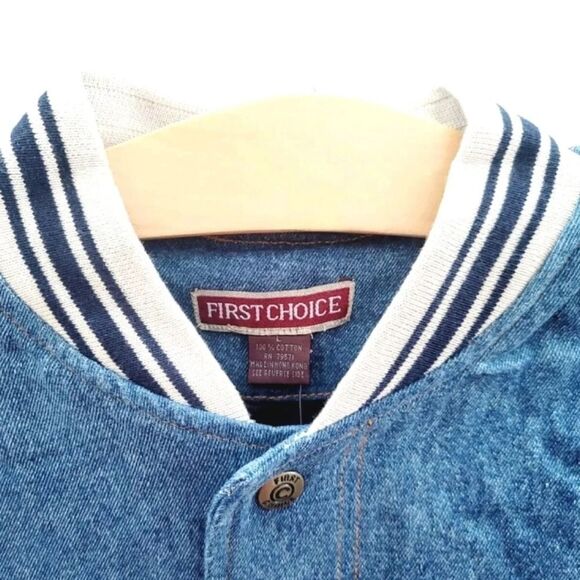 First Choice VTG 1990s Men's Premium Denim Varsity Bomber Jean Jacket Blue NWT - Picture 14 of 16